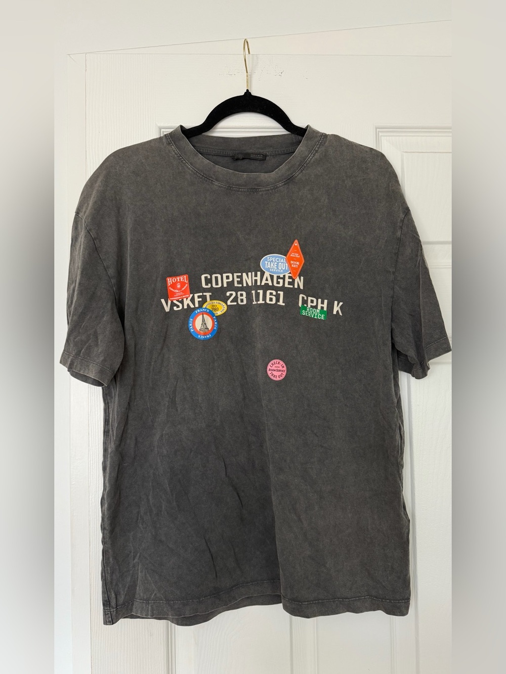 Zara Black Washed Copenhagen Graphic Tee with Multicolor Patches